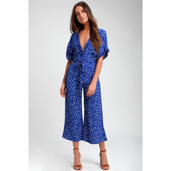 Faithfull the Brand Pants - Faithfull the Brand La Villa Cobalt Blue Floral Print Wide-Leg Jumpsuit